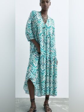 Zara The Cadie Boho Summer Dress multi coloured Green White Ikat-Print Sz S
